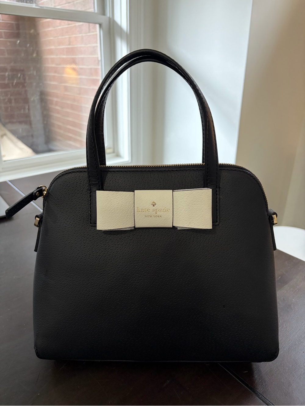 kate spade Black Leather Satchel with Cream Bow Accent